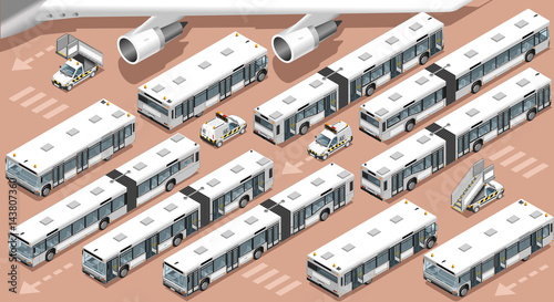 Isometric airport shuttle terminal airfield transfer bus shuttle. 3D vehicle icon set isometric stairs and follow me isolated white car infographic vector illustration