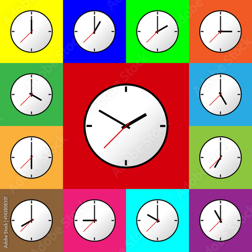 Set clock icon, Vector illustration, flat design. Easy to use and edit. EPS10. Multi color background.