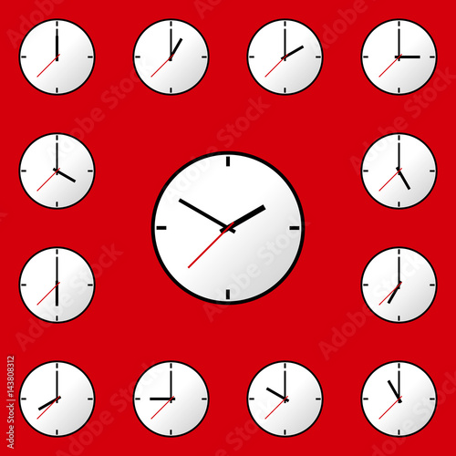 Set clock icon, Vector illustration, flat design. Easy to use and edit. EPS10. Red background.