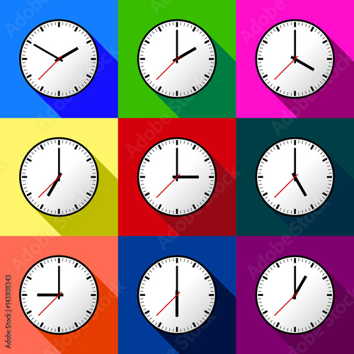 Set clock icon, Vector illustration, flat design. Easy to use and edit. EPS10. Multi color background with shadow.