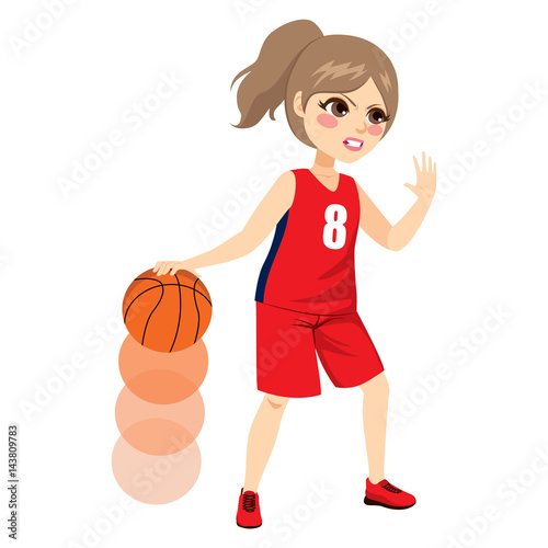Beautiful young female basketball player playing on action