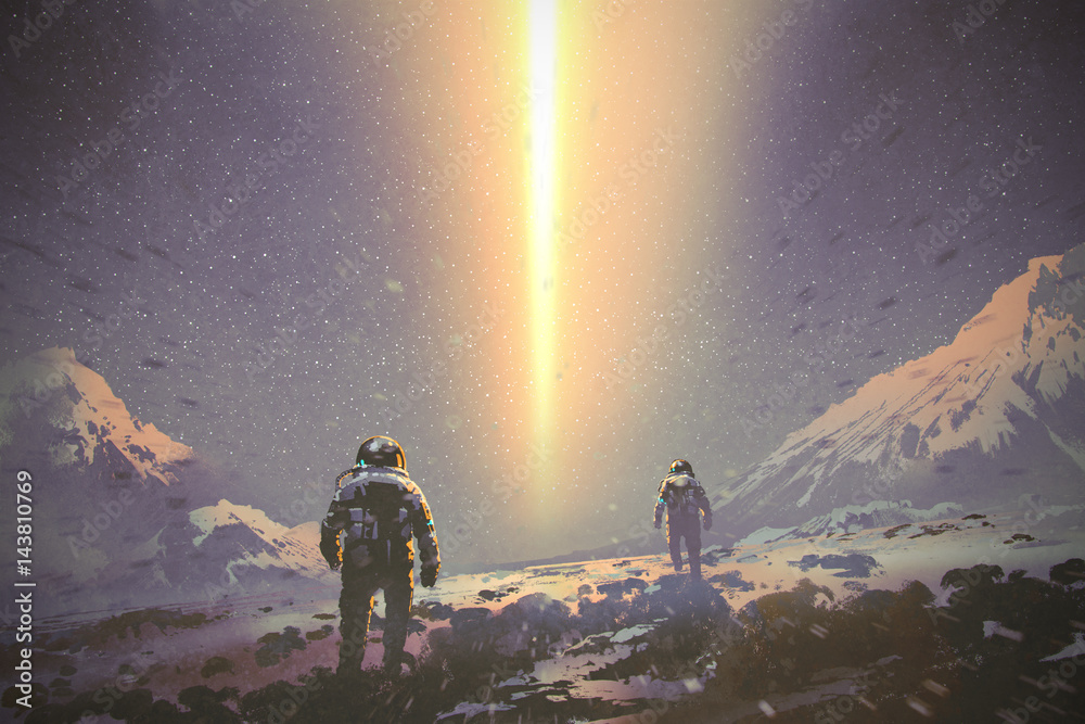 Fototapeta premium astronauts walking to mystery light beam from the sky, sci-fi concept, illustration painting