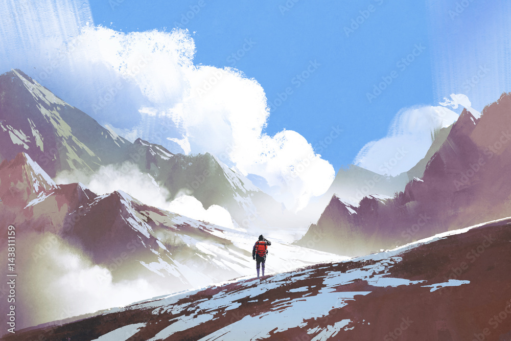 Fototapeta premium scenery of hiker with backpack looking at mountains, illustration painting