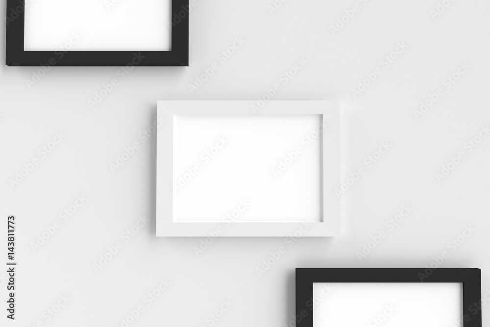 Realistic blank white picture frame templates set on white background, 3D render