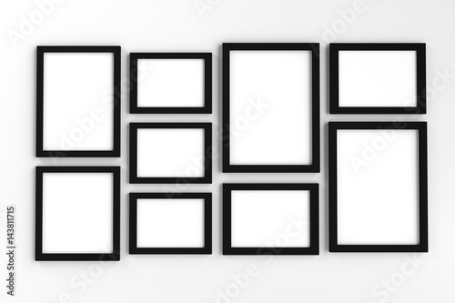 Realistic group of blank black picture frame templates set on white background, 3D render