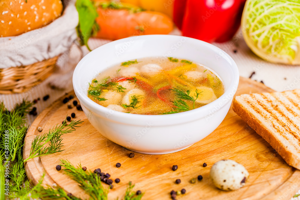 Soup with chicken meatballs, vegetable and quail eggs Soup with chicken meatballs, vegetable and quail eggs