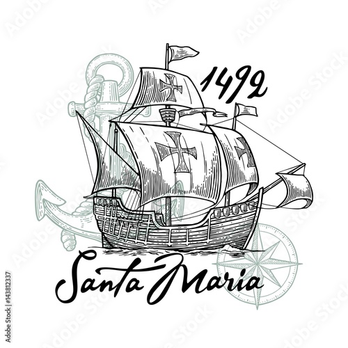 Sailing ship floating on the sea waves. Caravel Santa Maria.