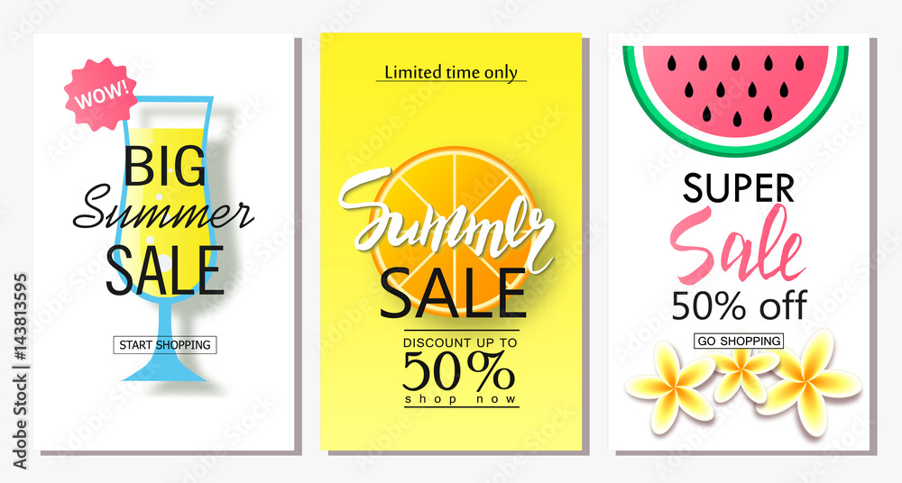 Set of summer sale banner templates. Vector illustrations for website and mobile website banners, posters, email and newsletter designs, ads, coupons, promotional material.