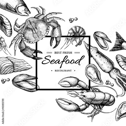 Seafood hand drawn vector framed illustration. Crab, lobster, shrimp, oyster, mussel, caviar and squid. photo