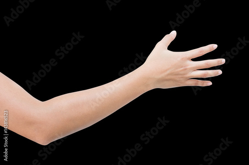 right back hand of a woman trying to reach or grab something. fling, touch sign. Reaching out to the left. isolated on black background
