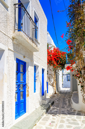 Fototapeta Tradycyjni greccy domy z wiosna kwiatami na Paros wyspie. Cyklady. Grecja.