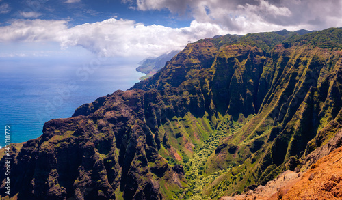 Panoramic landscape view of dramatic Na Pali coastline, Kauai