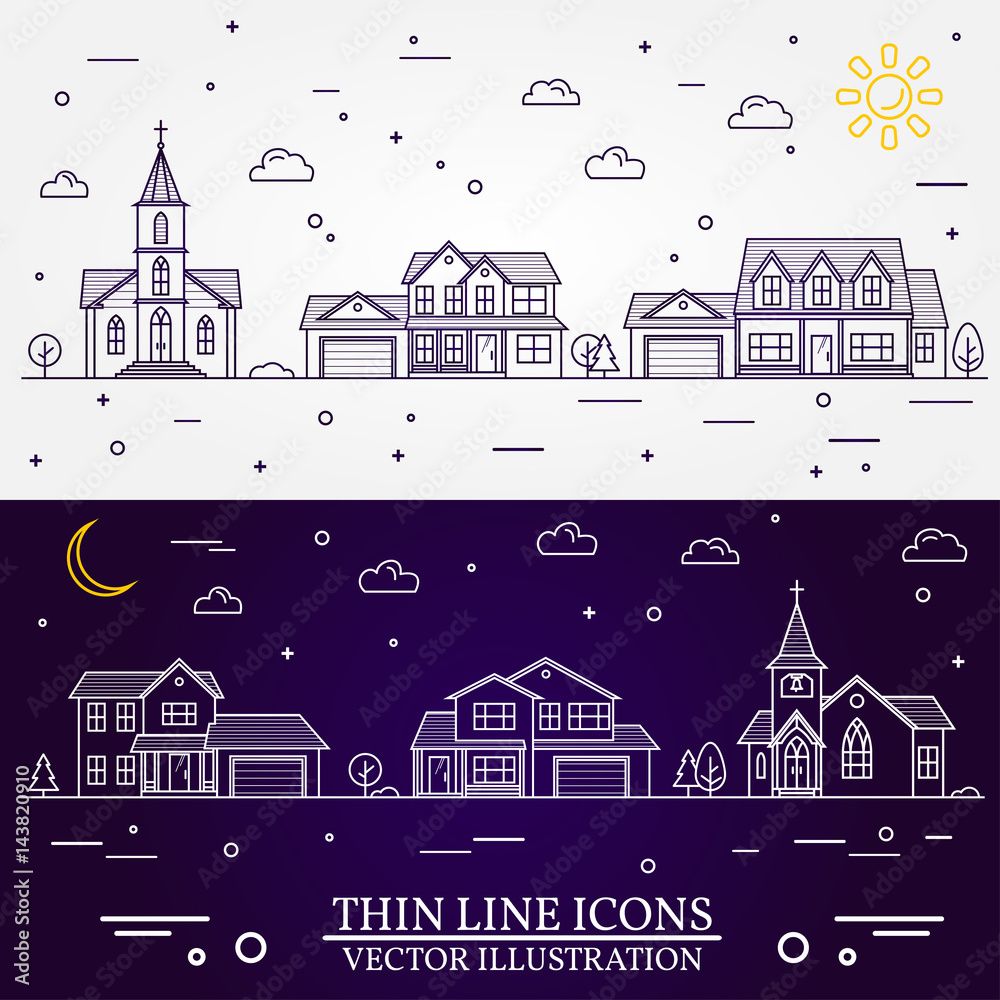 Neighborhood with homes illustrated white and purple background.