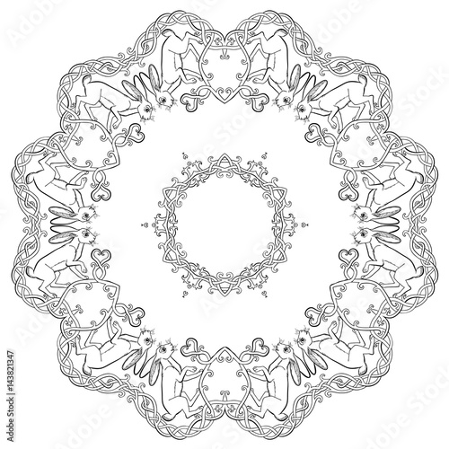 Vector illustration of Celtic hares round ornament black and white ( hare is the symbol of rebirth and the moon) 