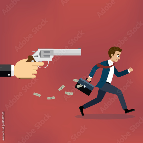 Businessman running away from gunman.