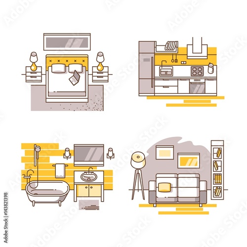 Set of interior design room. Living room, bedroom, kitchen and bathroom. Vector illustration in modern line style. Can be used for advertising or web design.