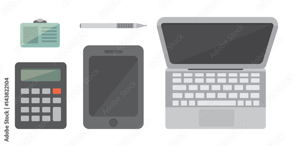 Workplace with mobile devices and documents. Office personal and Business Icons vector set. work table with gadget laptop flat illustration Workplace with mobile devices and documents. Office personal and Business Icons vector set. work table with gadget laptop flat illustration