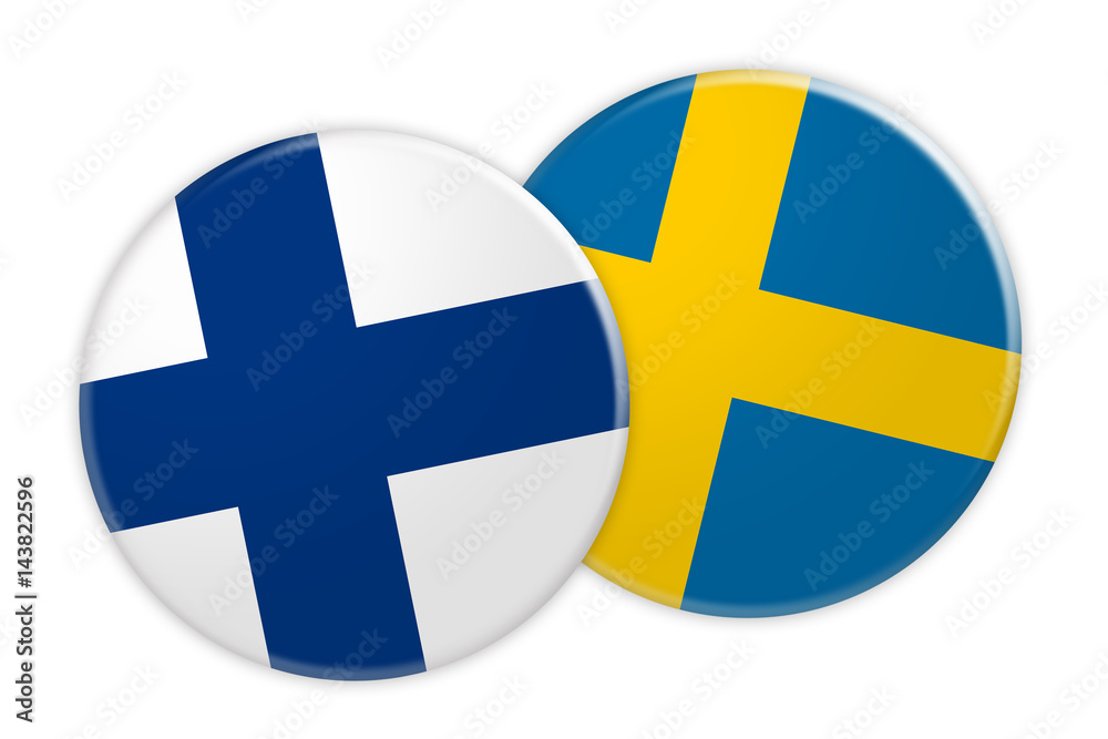 News Concept: Finland Flag Button On Sweden Flag Button, 3d illustration on white background