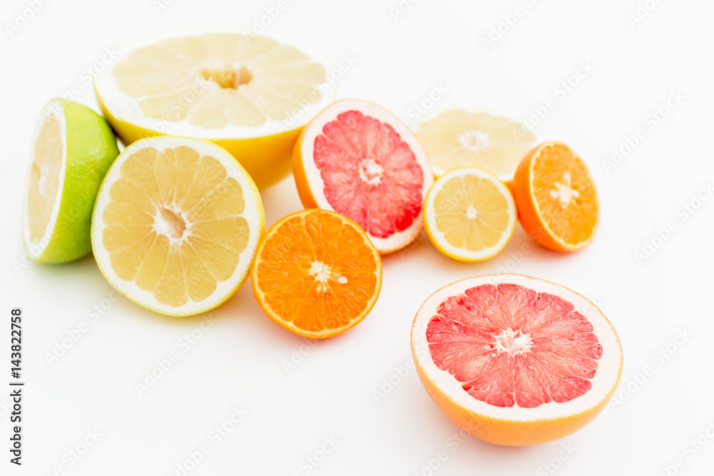 Sweet citrus fruits on white background. Flat lay, top view.