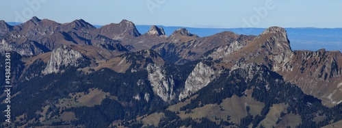 Mount Stockhorn and other mountains seen from mount Niesen. Mountain range in the Bernese Oberland, Switzerland.
