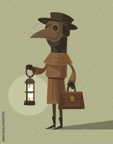 Plague doctor character mascot in crow mask hold lamp. Vector flat cartoon illustration