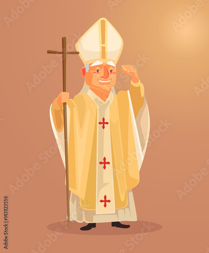 Happy smiling catholic priest mascot character dressed in white gold clothes. Vector flat cartoon illustration