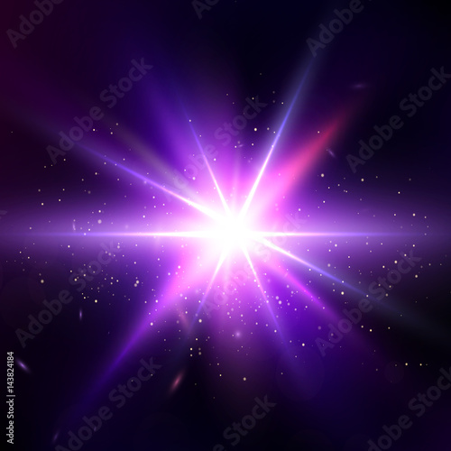 Glow light effect. Star burst with sparkles. Lens Flare wallpaper. Abstract Space background. Flash Highlight beam. Glare, shiny, flicker and luminescence. Fantastic design. Futuristic illustration