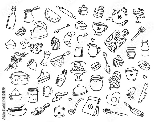 Set of doodle hand drawn food and cafe icons