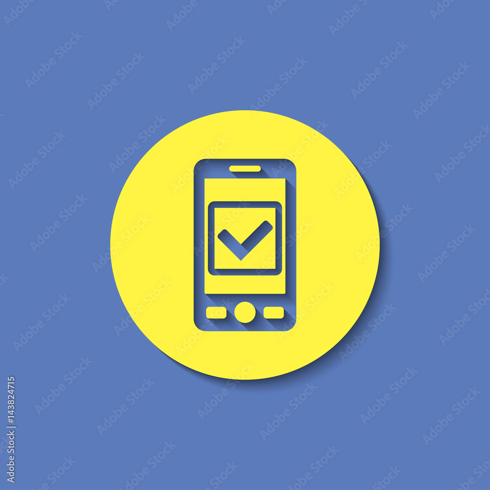 Mobile phone with checkmark symbol flat icon. Operation accepted vector illustration