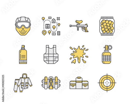 Paintball game line icons. Outdoor sport equipment, paint ball marker, uniform, mask, chest protection. Extreme leisure thin linear signs.