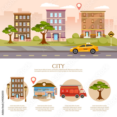 City background, cityscape infographic, life in city concept vector © Matrioshka