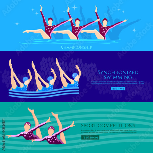 Synchronized swimming banners water sport. Professional athletes womens team of synchronized swimming