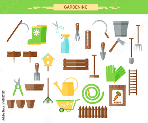 Gardening work tools flat icons set. Equipment for working in garden, gloves, secateurs, seeds, pruners, shovel, watering can. Flat vector illustration. Set of icons
