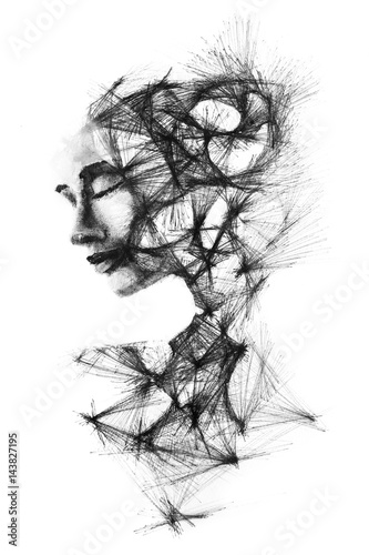 Black and white portrait of a woman combined with intersecting lines