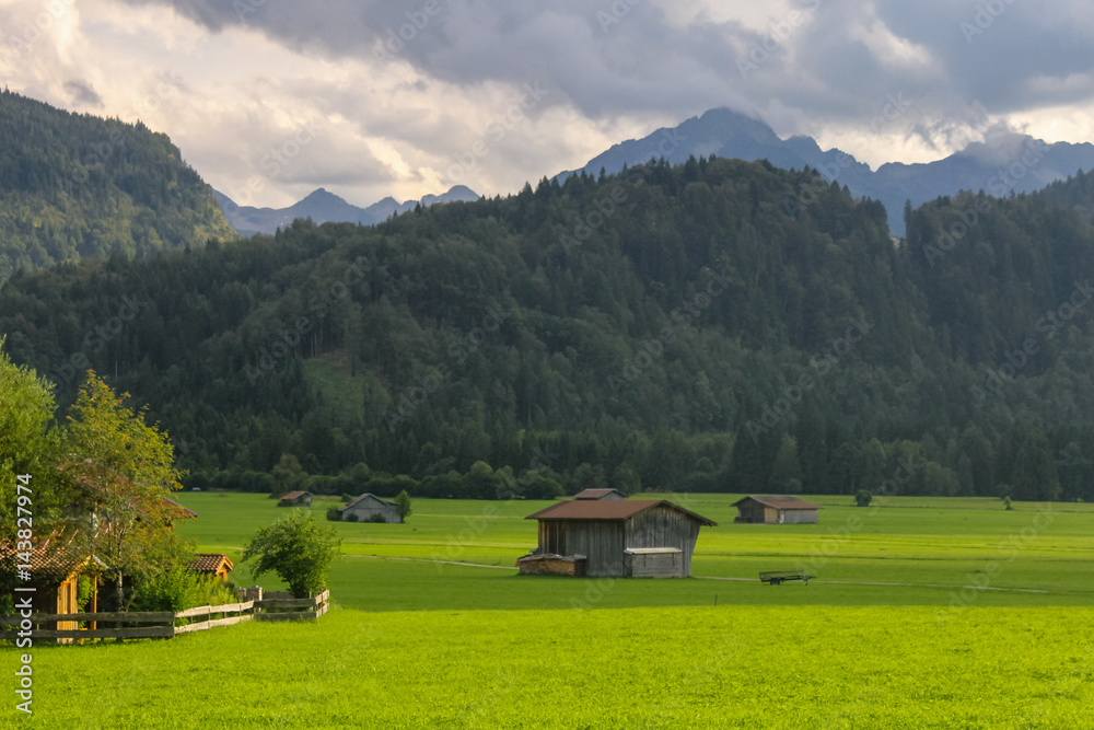 farm house on fresh grass meadow in Bavaria town Oberstdorf Germany Allgau Alps region mountains and forest on the background travel Europe spring time