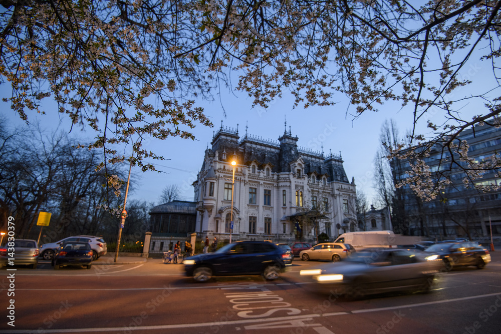 Fototapeta premium Bucharest night scene in a spring day with focus on cherry tree flowers.