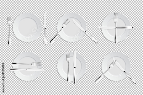 Vector realistic cutlery and signs of table etiquette. Catering facilities isolated icons. Set of of forks, table knives and plates. Illustration of tableware for cafes, restaurants etc.
