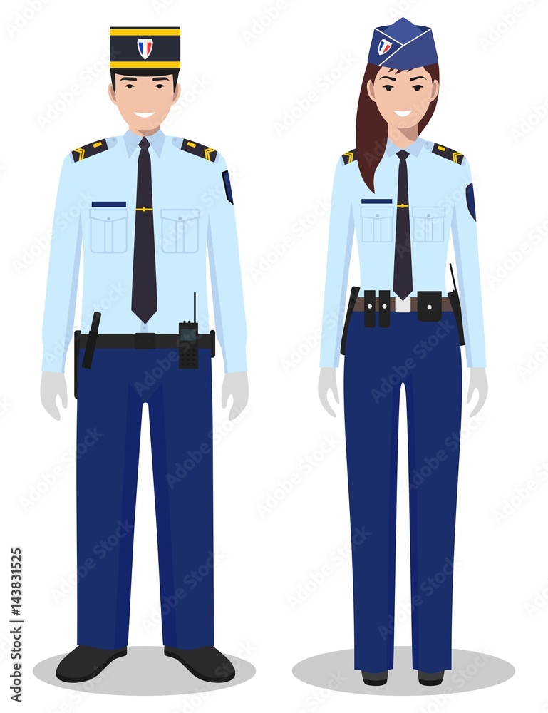 Couple of french policeman and policewoman in traditional uniforms standing together on white background in flat style. Police concept. Flat design people characters. Vector illustration.