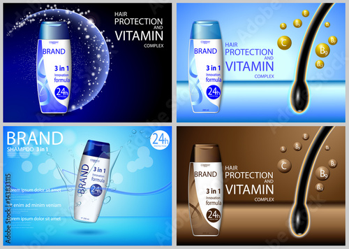 eps 10 vector advertising posters set of revolutionary formula hair shampoo: hair follicle vitamin protection, 3-in-1 complex, anti-dandruff effect. Realistic brand cosmetic package, web, print banner