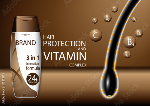 eps 10 vector advertising poster of revolutionary formula 3 in 1 complex hair shampoo, conditioner and mask with vitamin protection effect. Realistic brand cosmetic package, cosmetic web, print banner