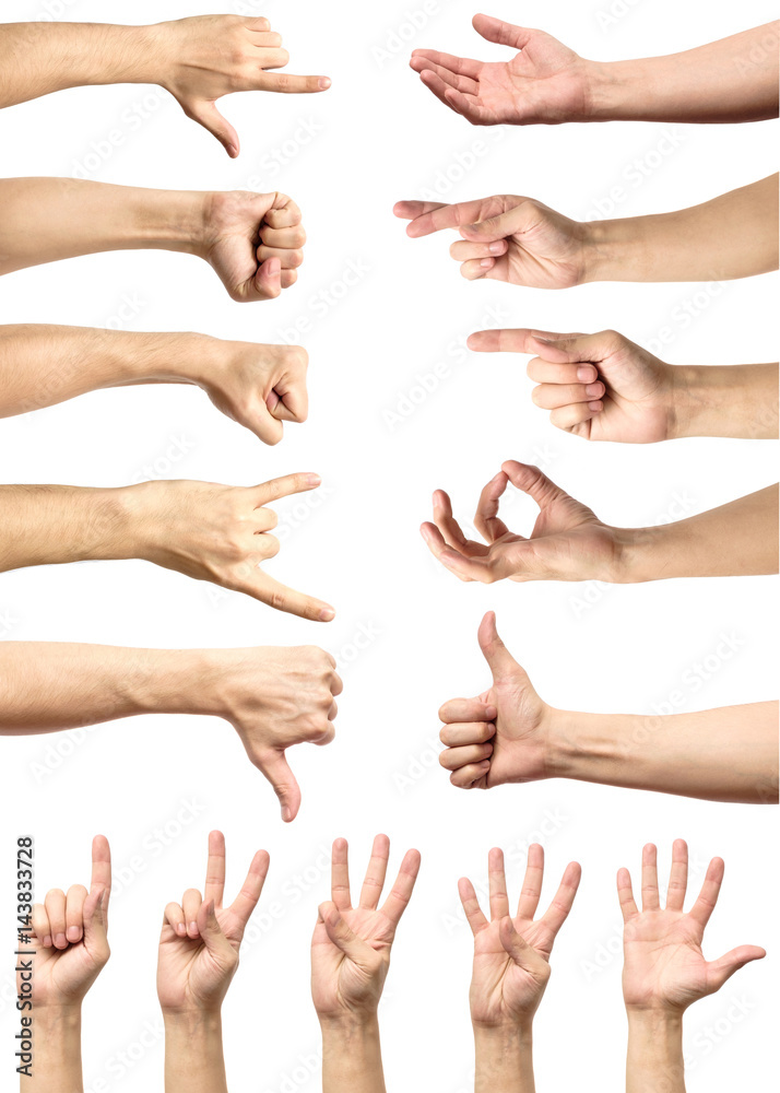 Multiple male caucasian hand gestures isolated over the white background