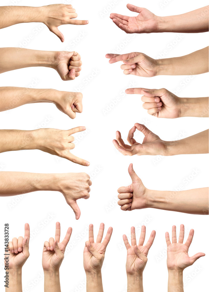 Multiple male caucasian hand gestures isolated over the white background Multiple male caucasian hand gestures isolated over the white background