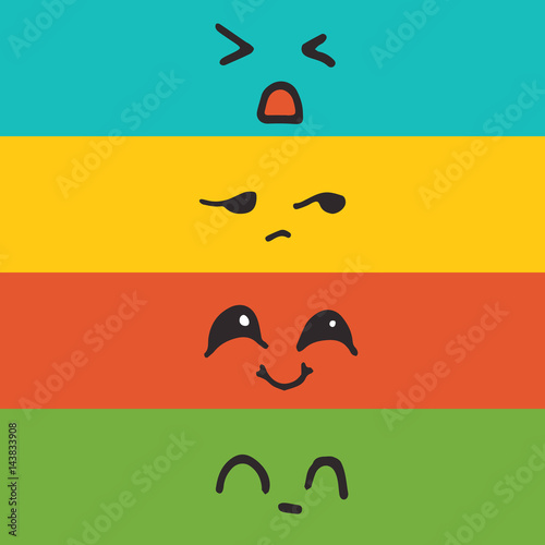 Vector cute kawaii illustration - set of funny emoji faces. Hand drawn japanese kawaii style sketch, abstract imaginary creature