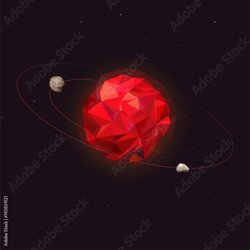 Mars planet of the solar system. Mars with two natural moons - Phobos and Deimos. Outer space of the planet with orbital satellites. Illustration science of the Universe.