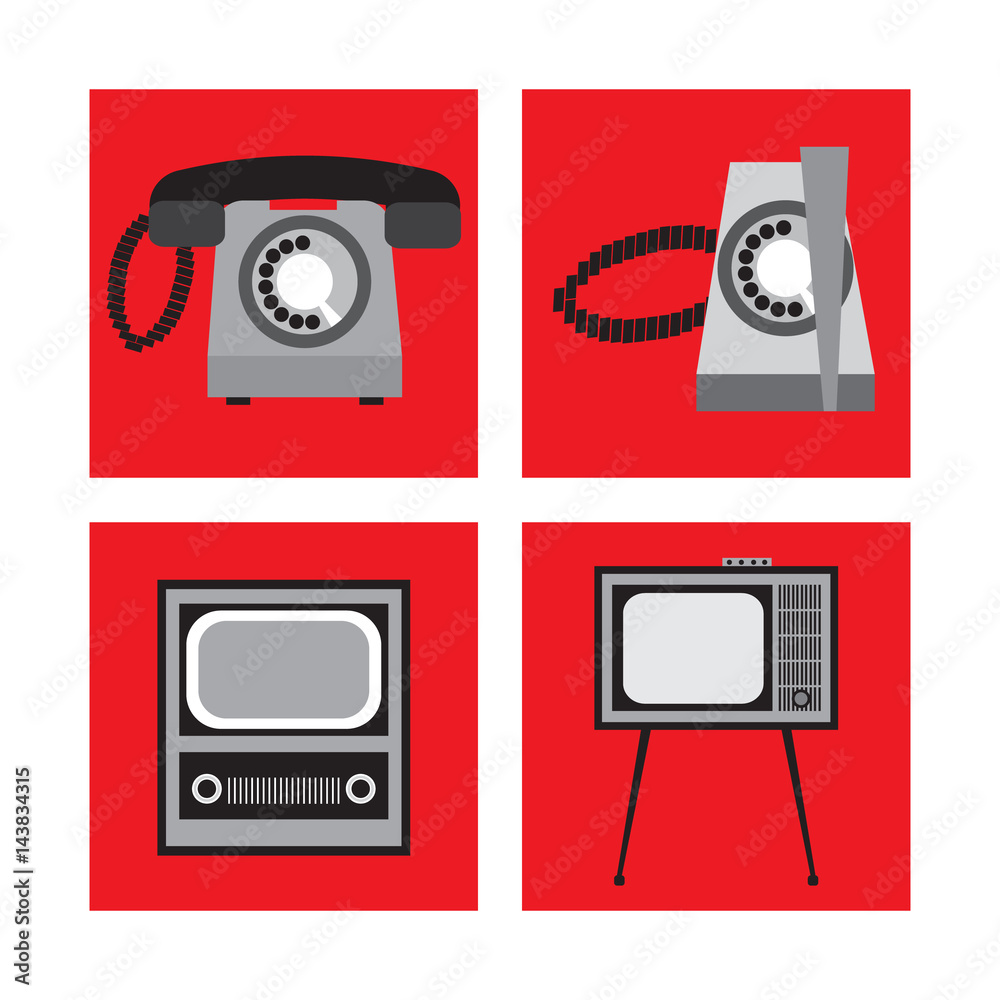 Set appliances in retro style, telephone set, TV, vector illustration Set appliances in retro style, telephone set, TV, vector illustration