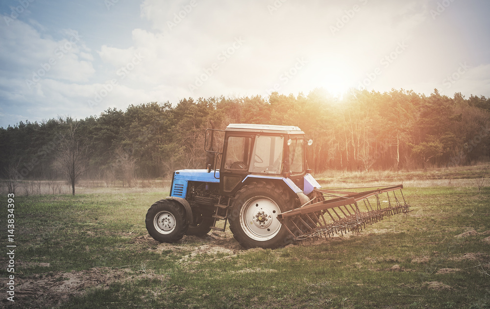 Naklejka premium The tractor goes and pulls a plow plowing a field before landing of crops. In the early spring morning because of the wood the bright sun ascends.