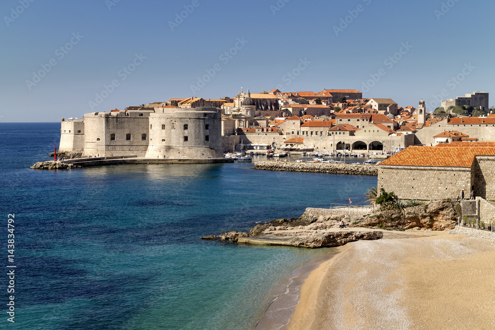 Banje beach and Dubrovnik old port, view of east part of old town