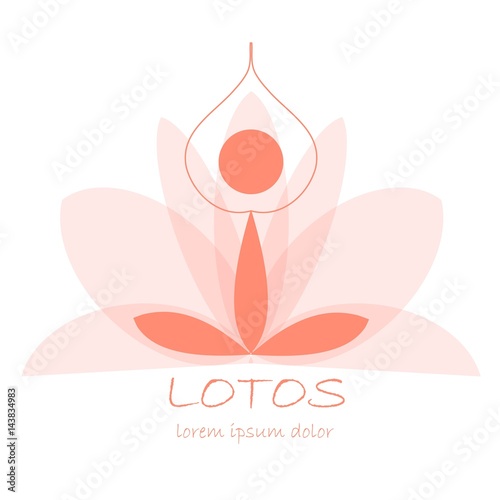Stock vector yoga template, graphic design elements for spa center, studio, yoga club. Stylized red silhouette with raised arms and lorem ipsum on transparency lotos flower background on white 