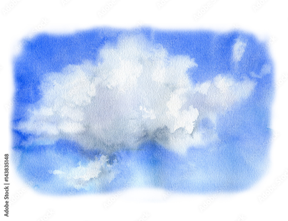 Watercolor sky with cloud. Hand painted nature illustration. For design, print or background