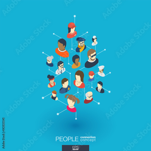 Community integrated 3d web icons. Digital network isometric interact concept. Connected graphic design dot and line system. Abstract background whith different people occupation. Vector Infograph